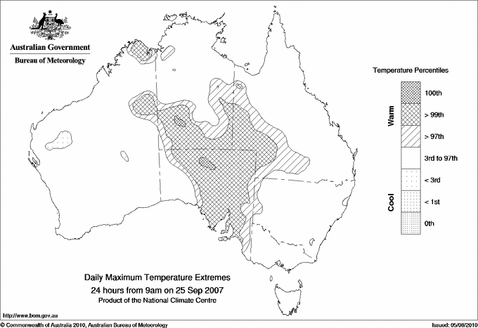 Australian daily maximum temperature extreme area maps