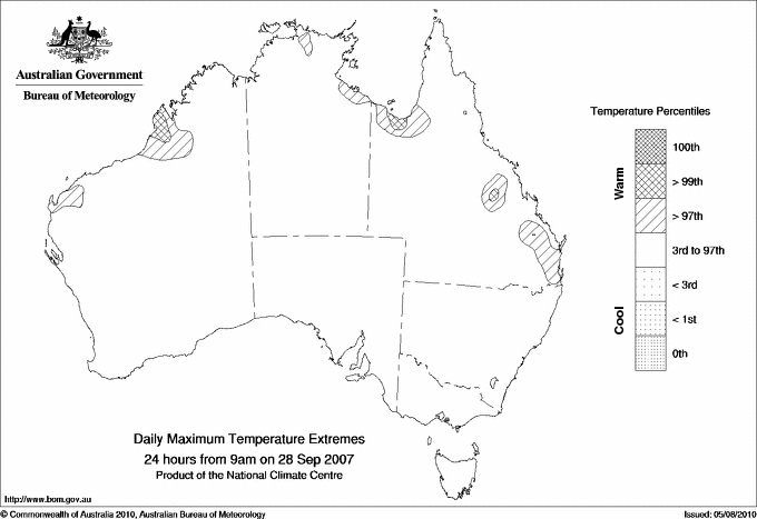 Australian daily maximum temperature extreme area maps