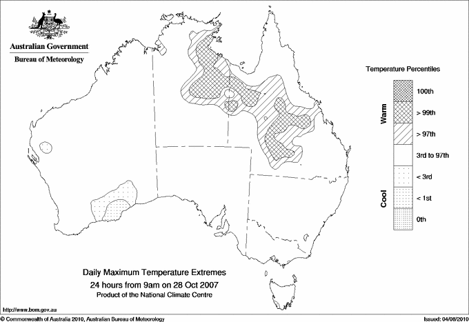 Australian daily maximum temperature extreme area maps