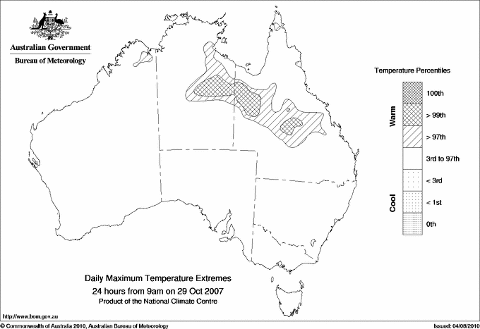 Australian daily maximum temperature extreme area maps