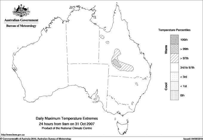 Australian daily maximum temperature extreme area maps