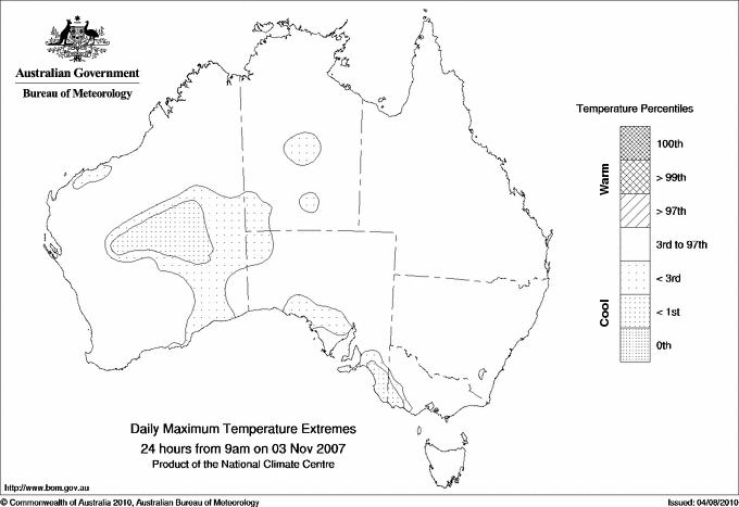 Australian daily maximum temperature extreme area maps