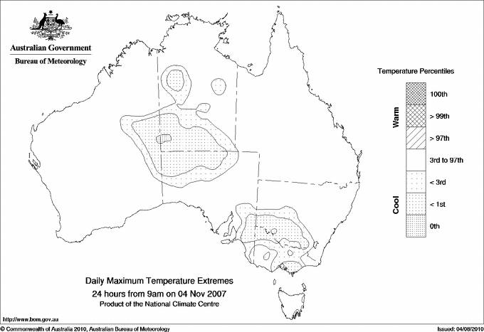 Australian daily maximum temperature extreme area maps