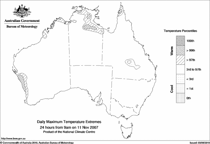 Australian daily maximum temperature extreme area maps