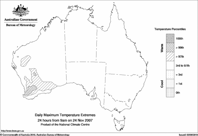 Australian daily maximum temperature extreme area maps