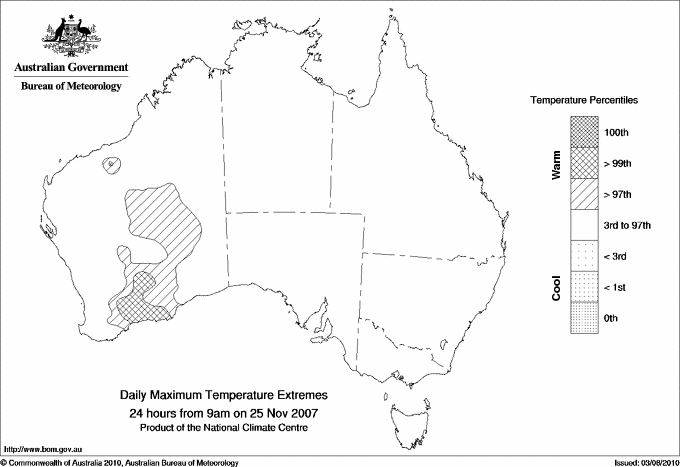 Australian daily maximum temperature extreme area maps