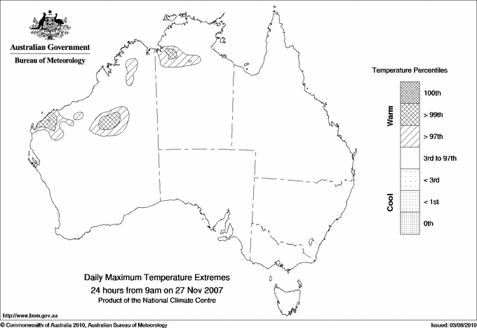 Australian daily maximum temperature extreme area maps