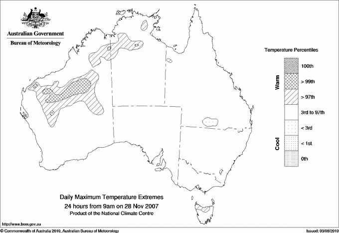 Australian daily maximum temperature extreme area maps