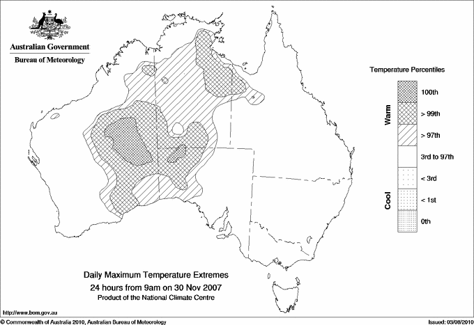 Australian daily maximum temperature extreme area maps