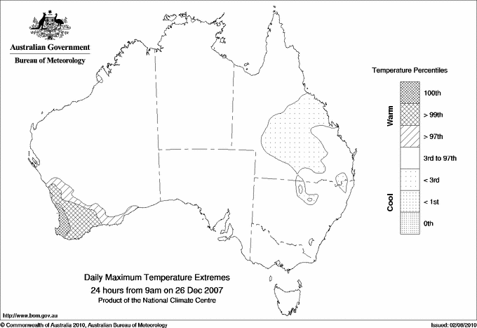 Australian daily maximum temperature extreme area maps