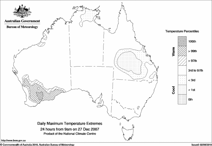 Australian daily maximum temperature extreme area maps