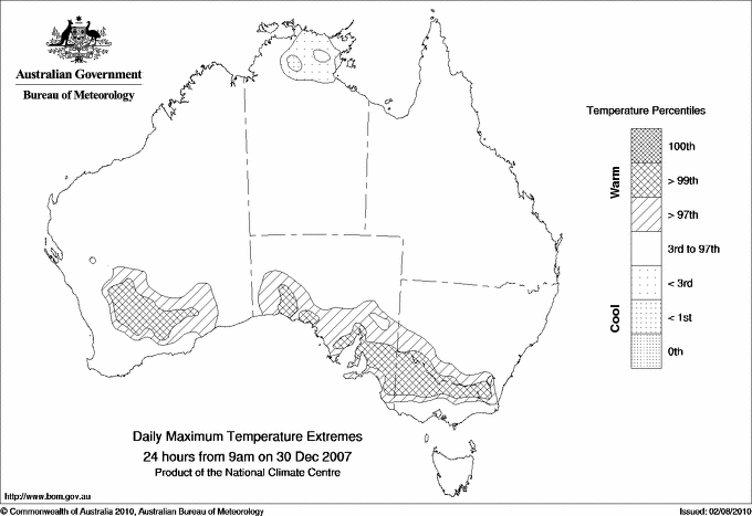 Australian daily maximum temperature extreme area maps