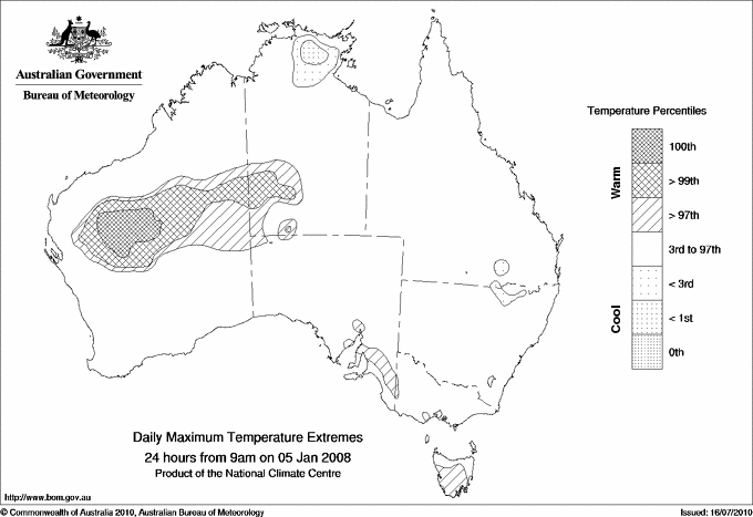 Australian daily maximum temperature extreme area maps
