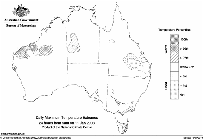 Australian daily maximum temperature extreme area maps