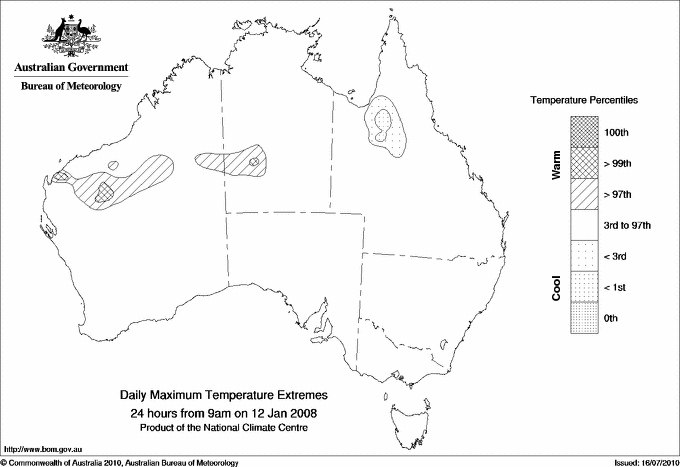 Australian daily maximum temperature extreme area maps