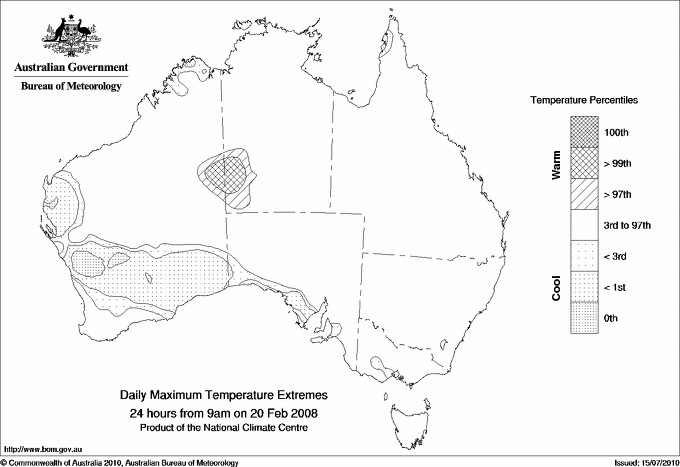 Australian daily maximum temperature extreme area maps