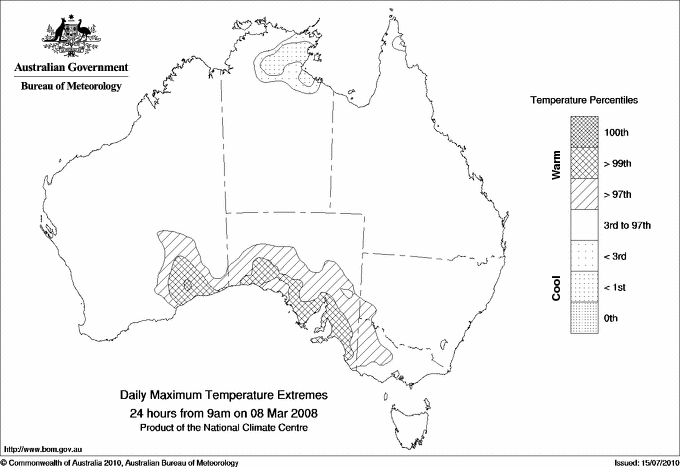 Australian daily maximum temperature extreme area maps
