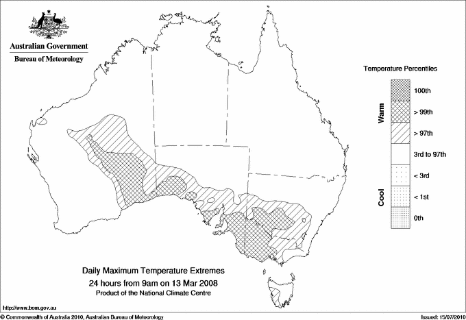 Australian daily maximum temperature extreme area maps