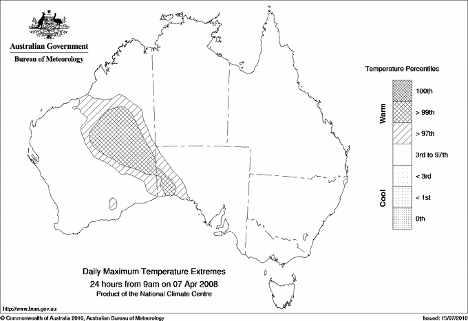 Australian daily maximum temperature extreme area maps