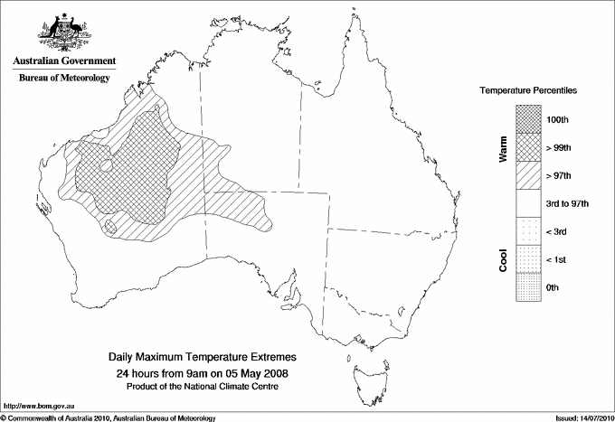 Australian daily maximum temperature extreme area maps