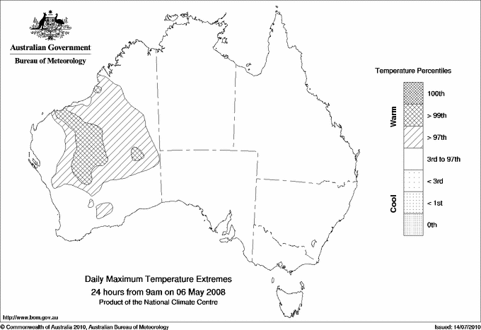 Australian daily maximum temperature extreme area maps