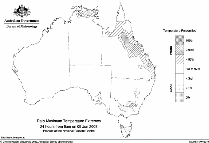Australian daily maximum temperature extreme area maps