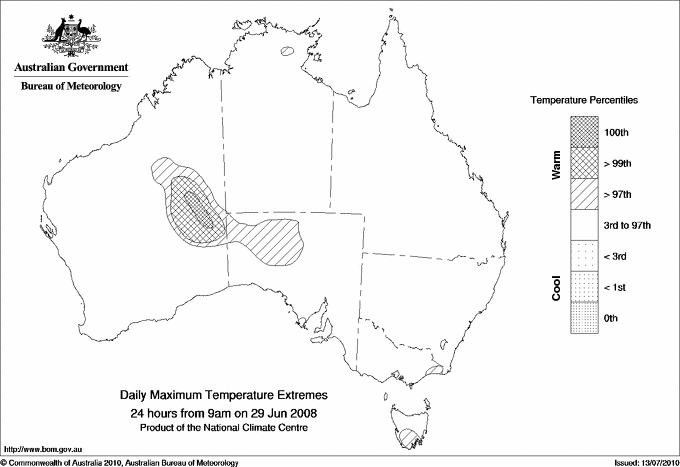 Australian daily maximum temperature extreme area maps
