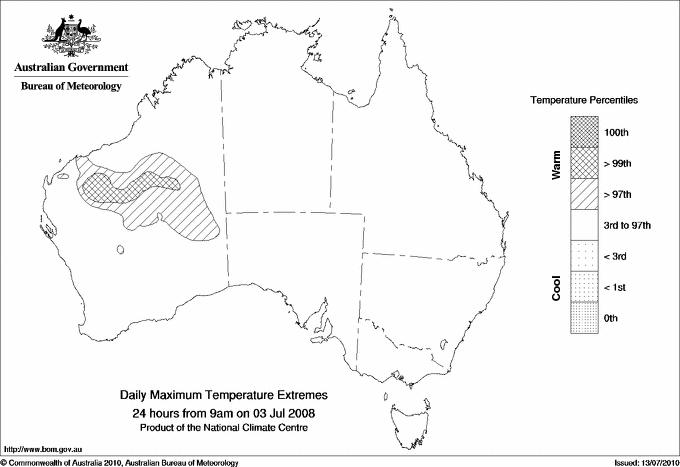 Australian daily maximum temperature extreme area maps
