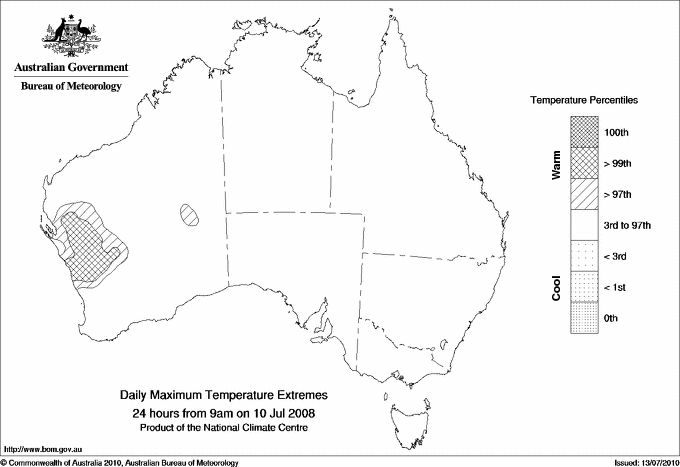 Australian daily maximum temperature extreme area maps