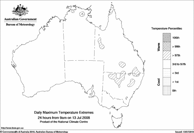Australian daily maximum temperature extreme area maps