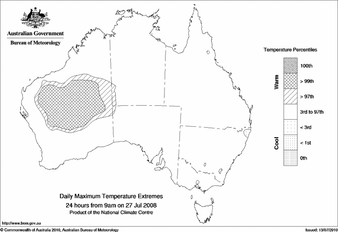 Australian daily maximum temperature extreme area maps