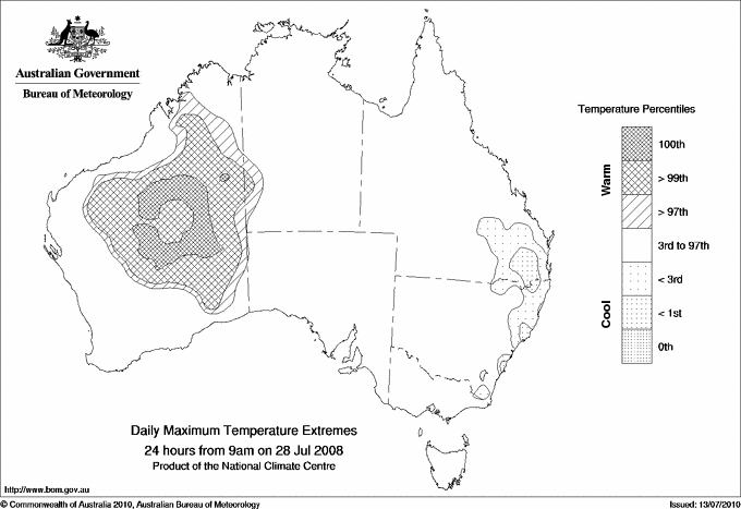Australian daily maximum temperature extreme area maps