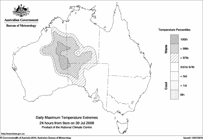 Australian daily maximum temperature extreme area maps