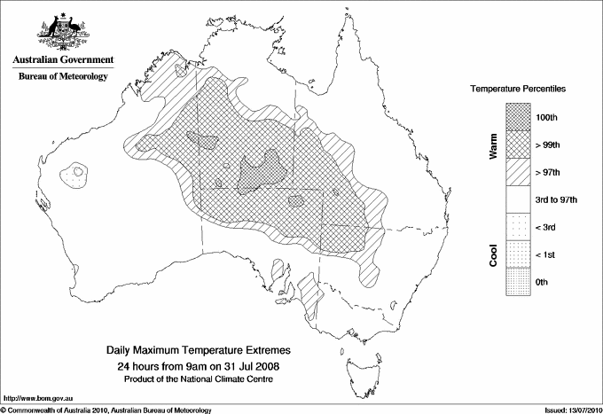 Australian daily maximum temperature extreme area maps