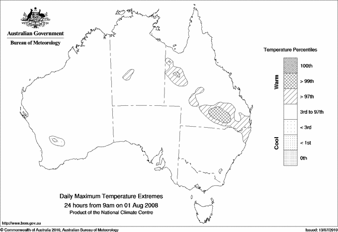 Australian daily maximum temperature extreme area maps