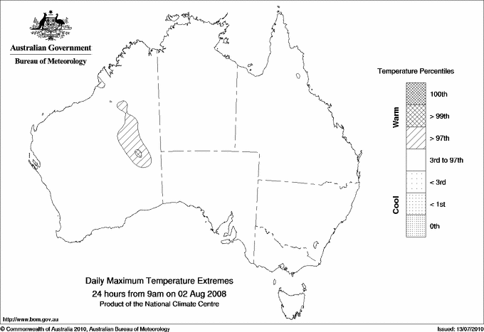 Australian daily maximum temperature extreme area maps