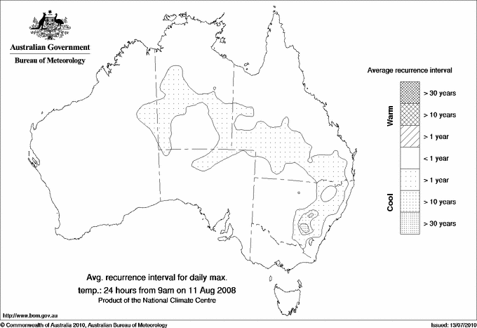Australian daily maximum temperature average recurrence interval maps