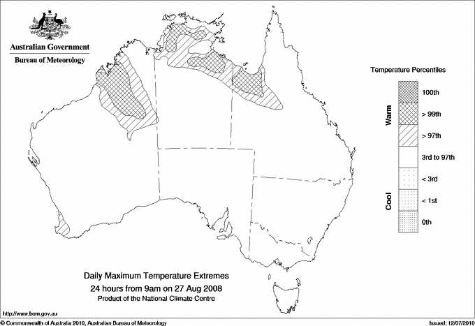 Australian daily maximum temperature extreme area maps