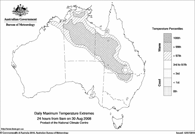 Australian daily maximum temperature extreme area maps