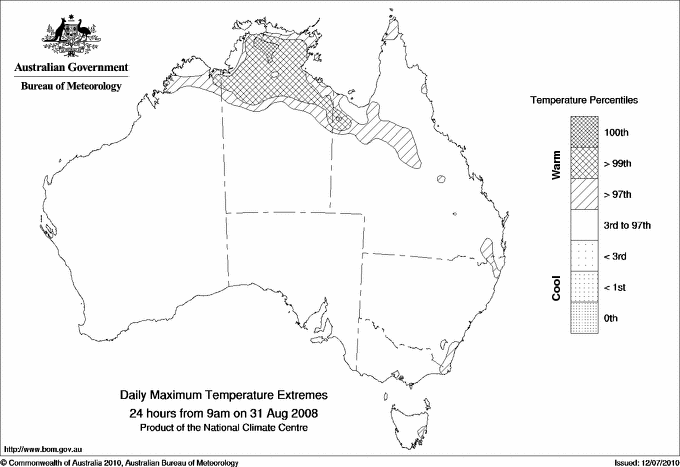 Australian daily maximum temperature extreme area maps