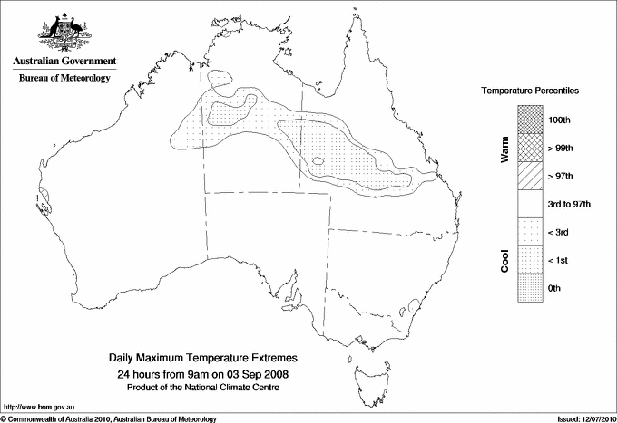 Australian daily maximum temperature extreme area maps