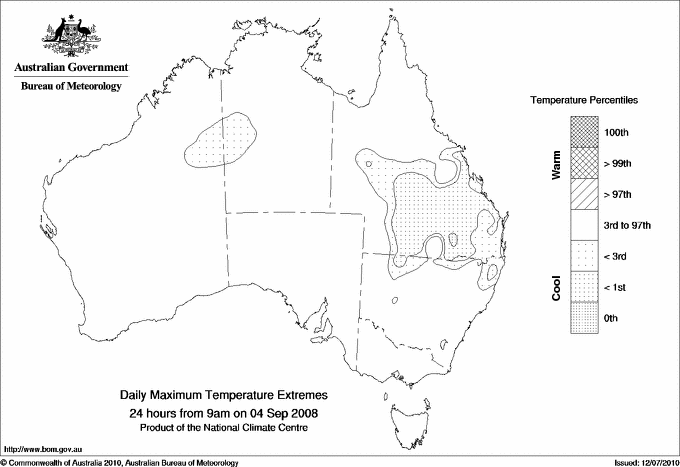 Australian daily maximum temperature extreme area maps