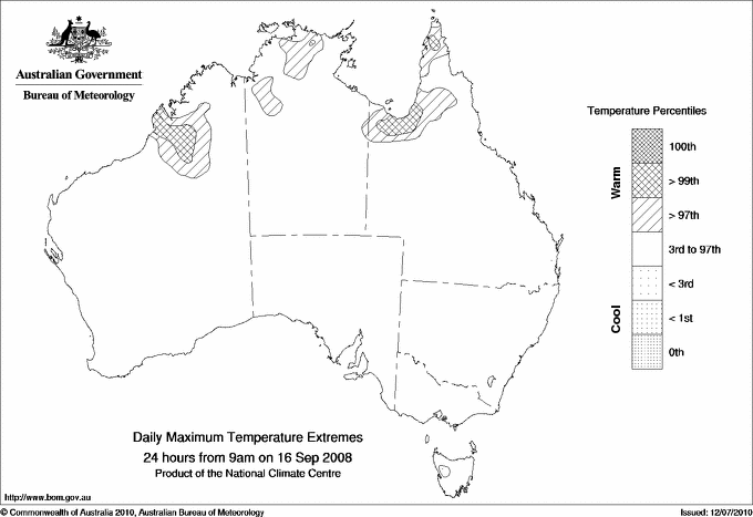 Australian daily maximum temperature extreme area maps