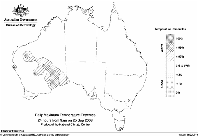 Australian daily maximum temperature extreme area maps