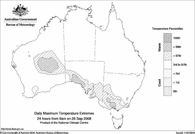 Australian daily maximum temperature extreme area maps