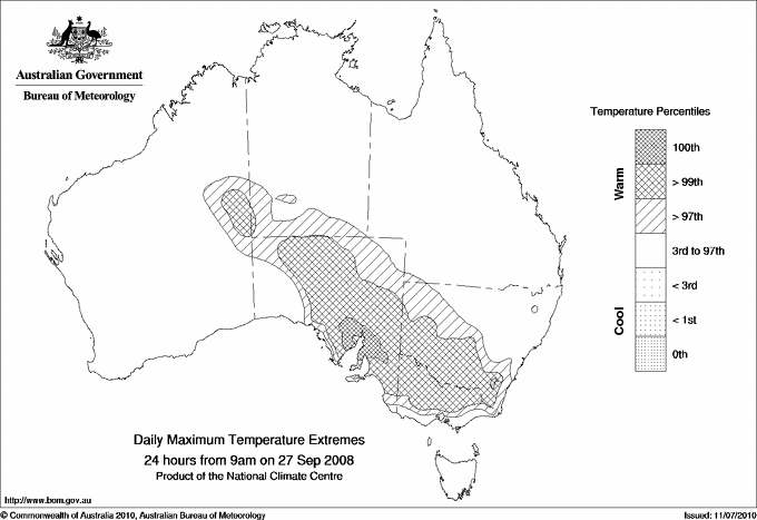 Australian daily maximum temperature extreme area maps