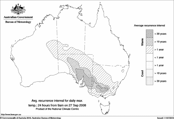 Australian daily maximum temperature average recurrence interval maps