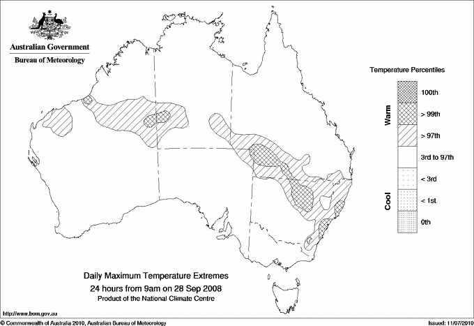 Australian daily maximum temperature extreme area maps