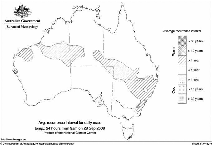 Australian daily maximum temperature average recurrence interval maps