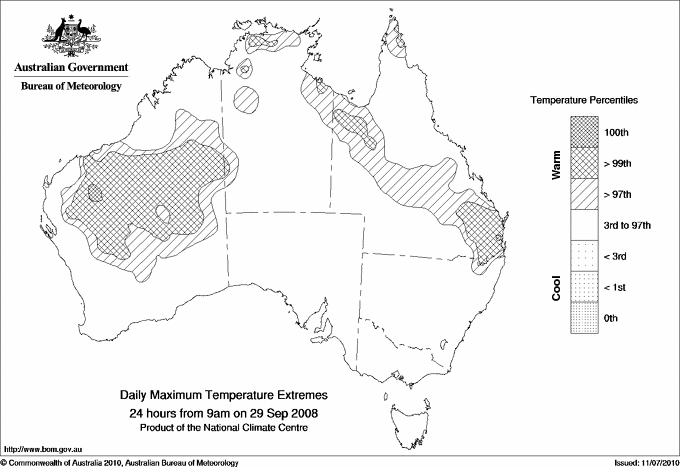 Australian daily maximum temperature extreme area maps